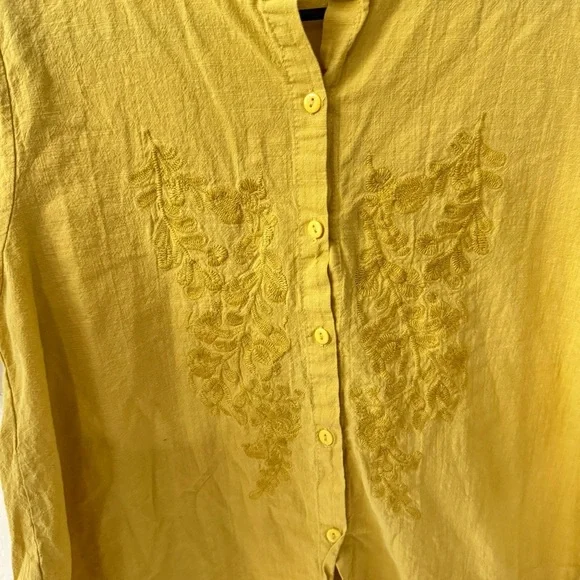 Yellow Linen Cotton Blend Boxy Embroidered Button Down Short Sleeve - Picture 4 of 6